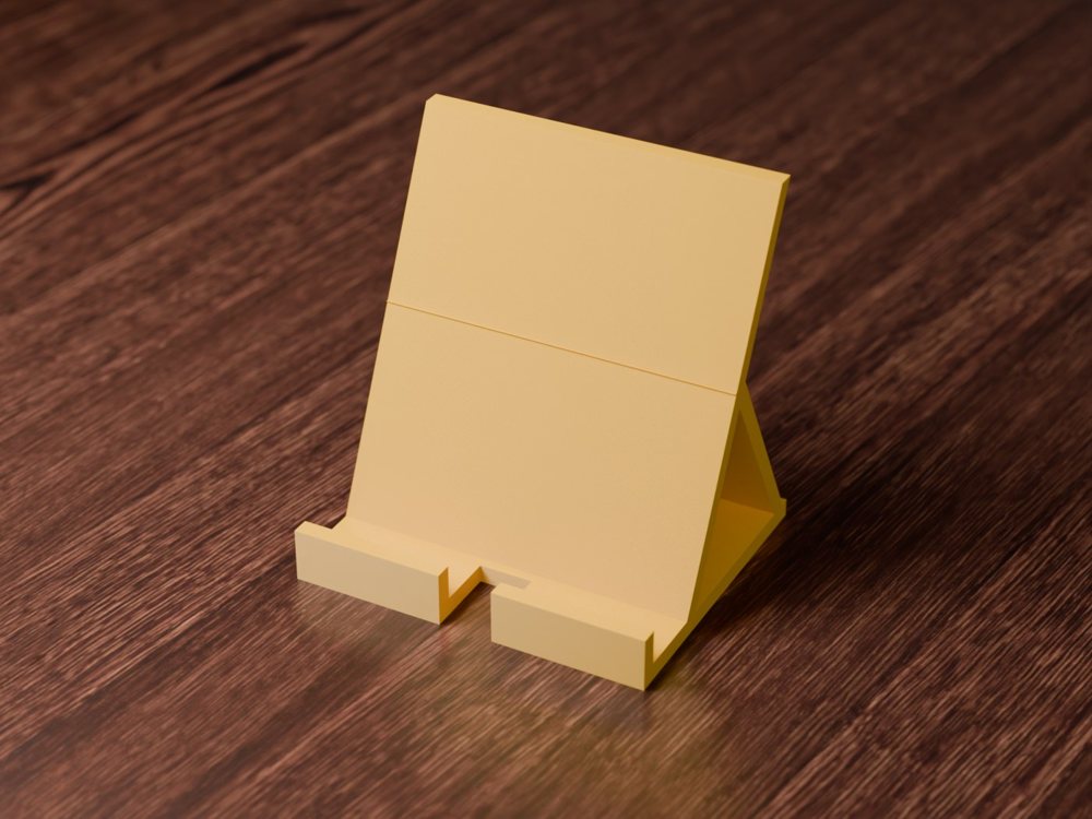Yellow printed phone stand with a back rest, front lip and cable notch